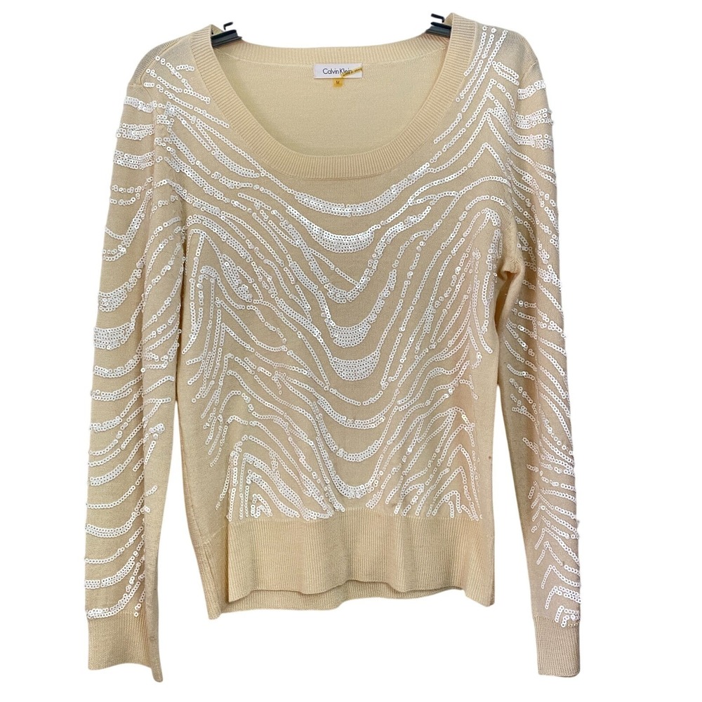 Calvin Klein Women's Pullover Medium Wool Blend Long Sleeve Sequins Y2K Biege